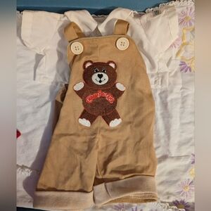 Cute Bear Embroidered Tan Overalls for Kids